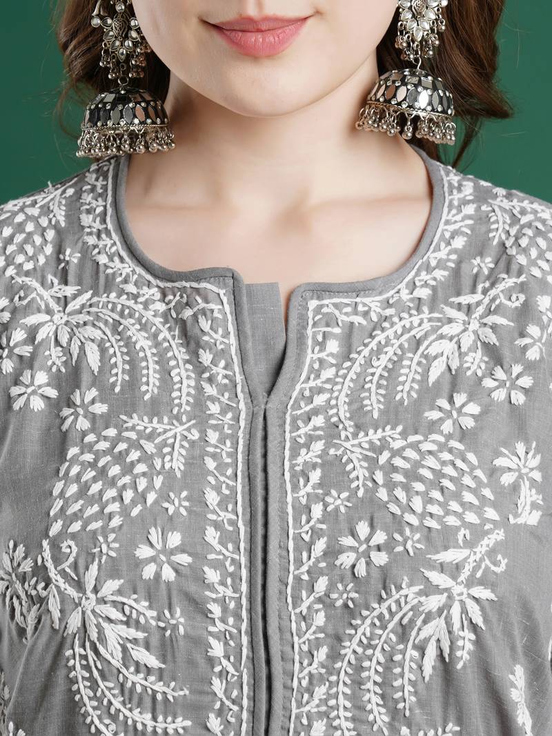 Hand Embroidered Grey Cotton Lucknowi Chikankari Women Kurta
