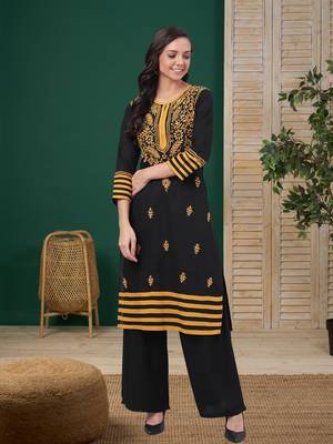 Hand Embroidered Black Cotton Lucknow Chikankari Women Kurta 1