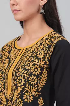 Hand Embroidered Black Cotton Lucknow Chikankari Women Kurta
