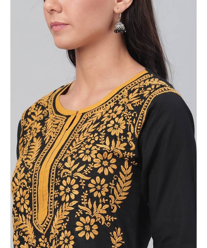 Hand Embroidered Black Cotton Lucknow Chikankari Women Kurta