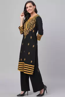 Hand Embroidered Black Cotton Lucknow Chikankari Women Kurta