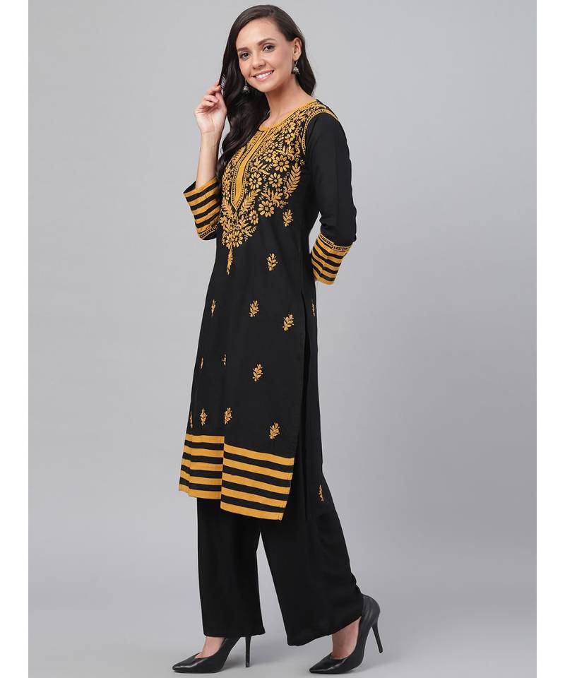 Hand Embroidered Black Cotton Lucknow Chikankari Women Kurta