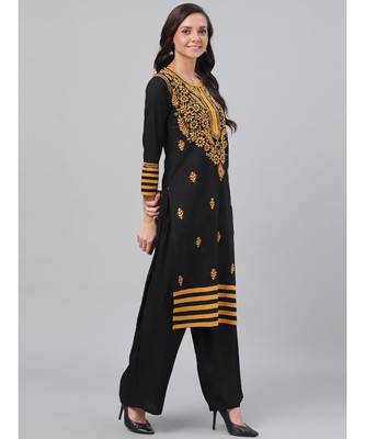 Hand Embroidered Black Cotton Lucknow Chikankari Women Kurta 4