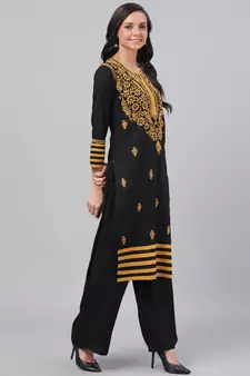 Hand Embroidered Black Cotton Lucknow Chikankari Women Kurta