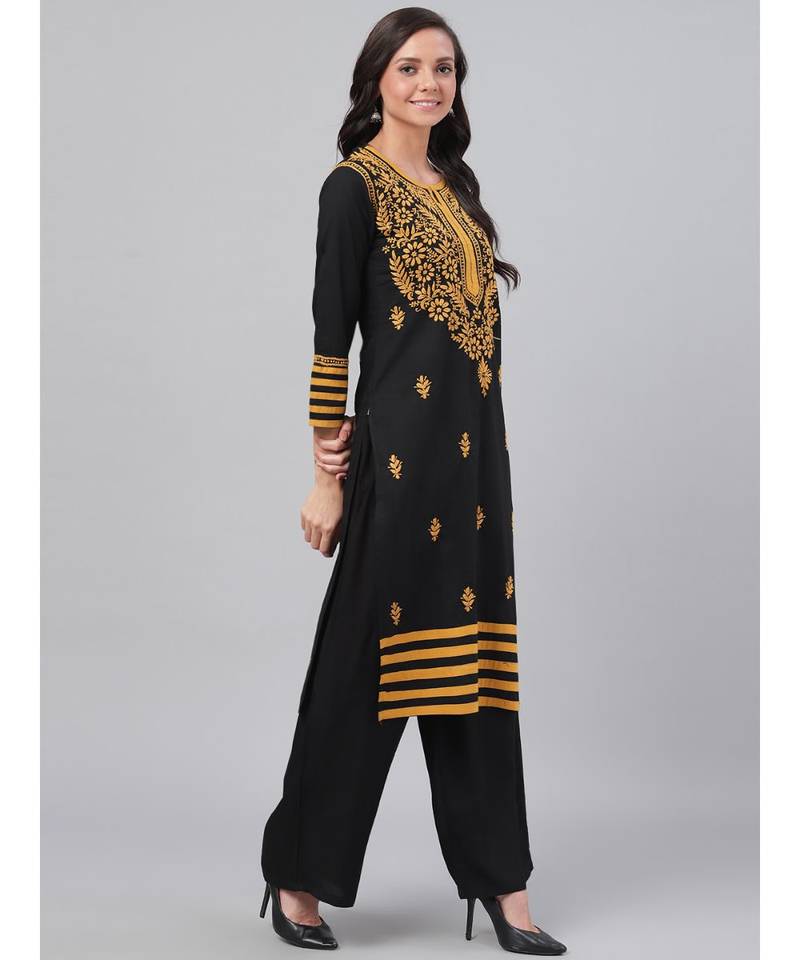 Hand Embroidered Black Cotton Lucknow Chikankari Women Kurta