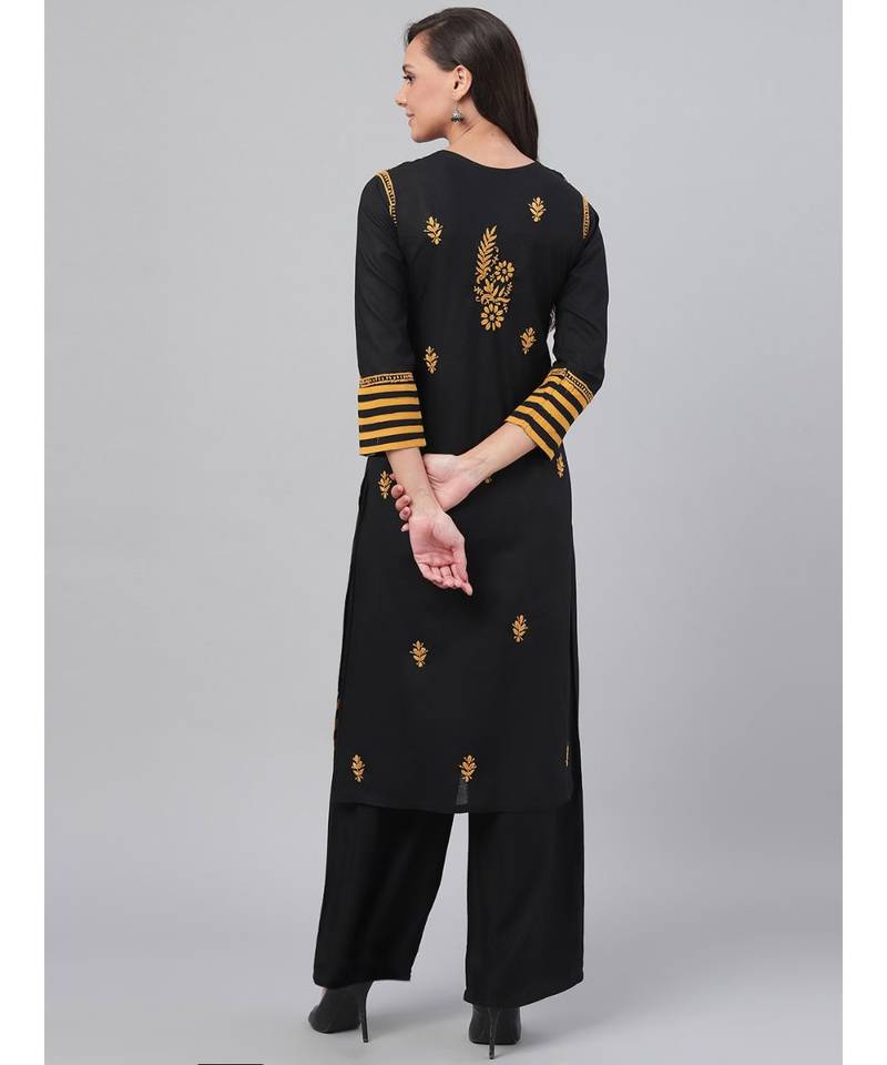 Hand Embroidered Black Cotton Lucknow Chikankari Women Kurta