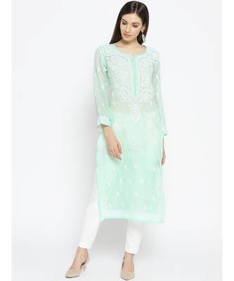 Ada Hand Embroidered Sea Green Kota Lucknow Chikankari Women Kurti With Slip - A100120 1