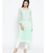 Ada Hand Embroidered Sea Green Kota Lucknow Chikankari Women Kurti With Slip - A100120