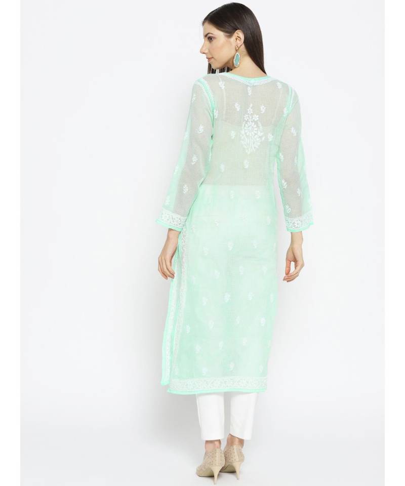 Ada Hand Embroidered Sea Green Kota Lucknow Chikankari Women Kurti With Slip - A100120