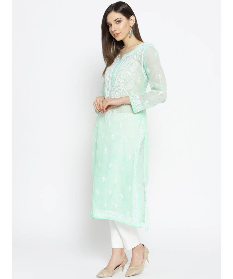Ada Hand Embroidered Sea Green Kota Lucknow Chikankari Women Kurti With Slip - A100120