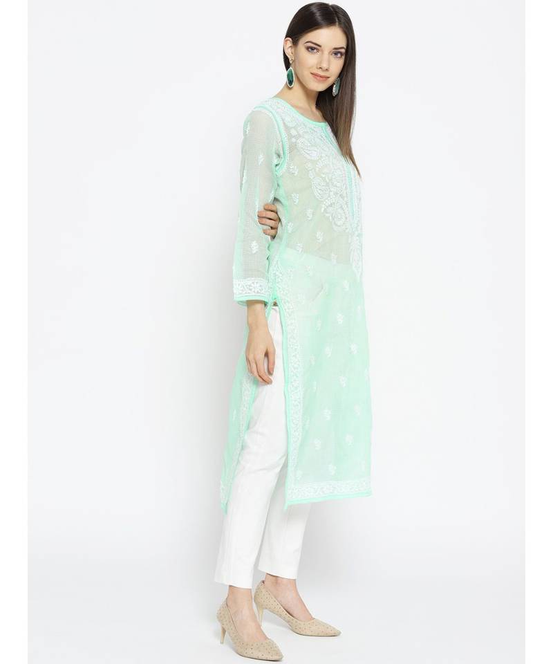 Ada Hand Embroidered Sea Green Kota Lucknow Chikankari Women Kurti With Slip - A100120