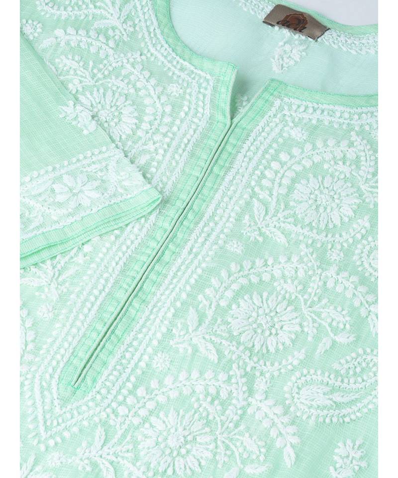 Ada Hand Embroidered Sea Green Kota Lucknow Chikankari Women Kurti With Slip - A100120