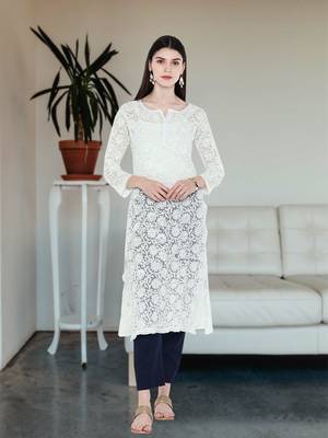 Ada Hand Embroidered White Faux Georgette Lucknow Chikankari Women Kurta - A104788 1