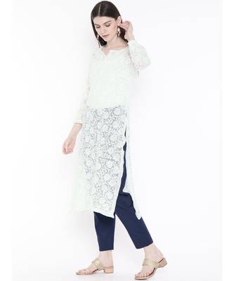 Ada Hand Embroidered White Faux Georgette Lucknow Chikankari Women Kurta - A104788 2