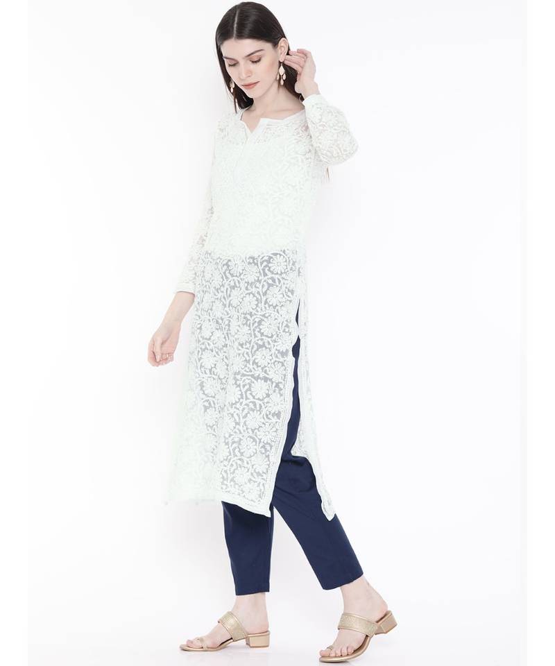 Ada Hand Embroidered White Faux Georgette Lucknow Chikankari Women Kurta - A104788
