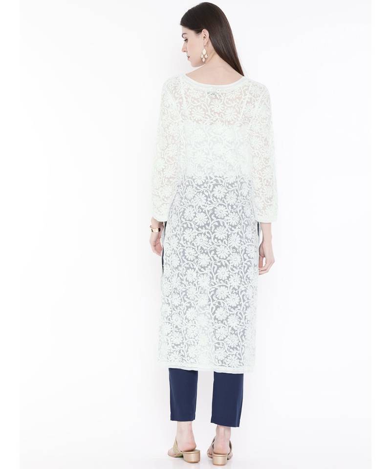 Ada Hand Embroidered White Faux Georgette Lucknow Chikankari Women Kurta - A104788