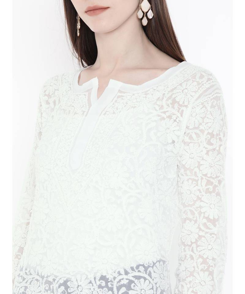 Ada Hand Embroidered White Faux Georgette Lucknow Chikankari Women Kurta - A104788