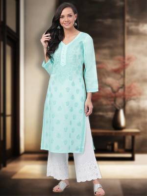 Ada Hand Embroidered Sea Green Cotton Lucknow Chikan Women Kurta - A238249 1