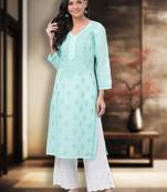 Ada Hand Embroidered Sea Green Cotton Lucknow Chikan Women Kurta - A238249