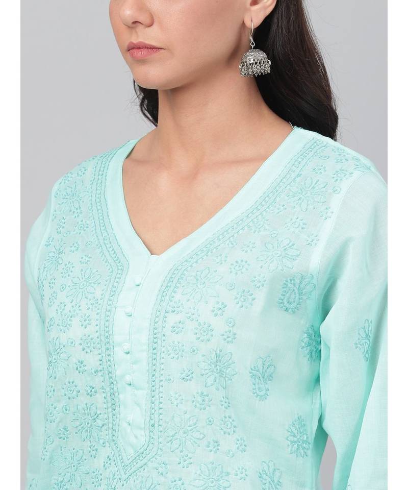 Ada Hand Embroidered Sea Green Cotton Lucknow Chikan Women Kurta - A238249