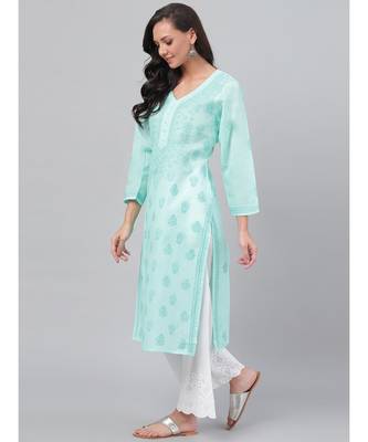 Ada Hand Embroidered Sea Green Cotton Lucknow Chikan Women Kurta - A238249 3