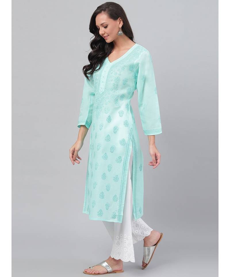 Ada Hand Embroidered Sea Green Cotton Lucknow Chikan Women Kurta - A238249