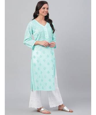 Ada Hand Embroidered Sea Green Cotton Lucknow Chikan Women Kurta - A238249 4