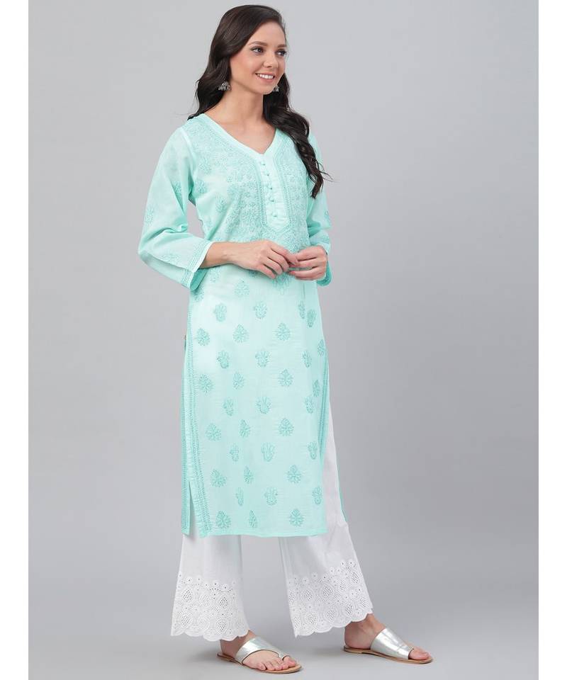 Ada Hand Embroidered Sea Green Cotton Lucknow Chikan Women Kurta - A238249