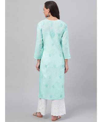 Ada Hand Embroidered Sea Green Cotton Lucknow Chikan Women Kurta - A238249 5