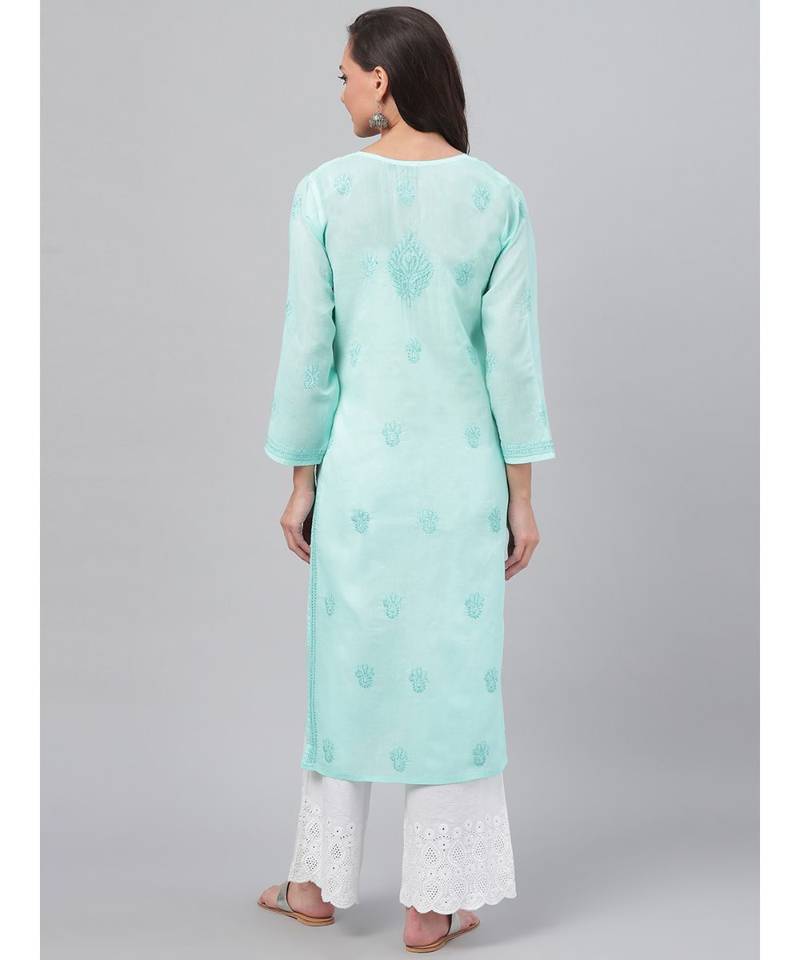 Ada Hand Embroidered Sea Green Cotton Lucknow Chikan Women Kurta - A238249