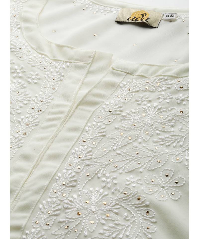 Ada Hand Embroidered Cream Georgette Lucknowi Chikan Women Kurta With Muqaish Work - A100428