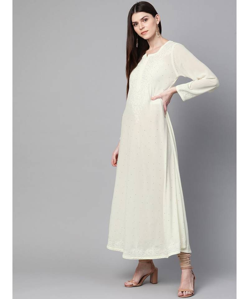 Ada Hand Embroidered Cream Georgette Lucknowi Chikan Women Kurta With Muqaish Work - A100428