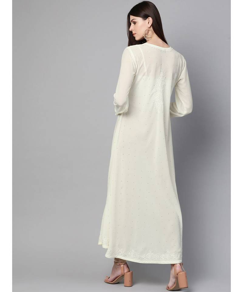 Ada Hand Embroidered Cream Georgette Lucknowi Chikan Women Kurta With Muqaish Work - A100428