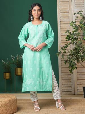 Ada Hand Embroidered Sea Green Cotton Lucknow Chikankari Women Kurta - A133580 1