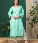 Ada Hand Embroidered Sea Green Cotton Lucknow Chikankari Women Kurta - A133580