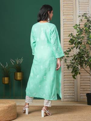 Ada Hand Embroidered Sea Green Cotton Lucknow Chikankari Women Kurta - A133580 2