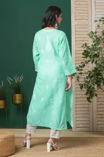 Ada Hand Embroidered Sea Green Cotton Lucknow Chikankari Women Kurta - A133580