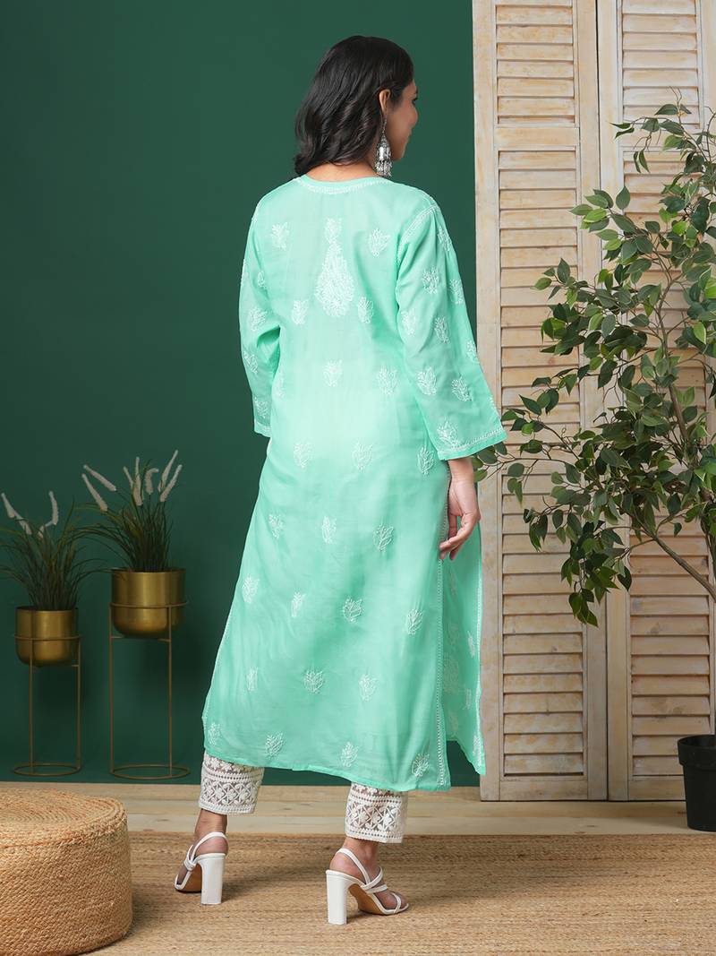 Ada Hand Embroidered Sea Green Cotton Lucknow Chikankari Women Kurta - A133580