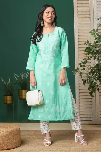Ada Hand Embroidered Sea Green Cotton Lucknow Chikankari Women Kurta - A133580