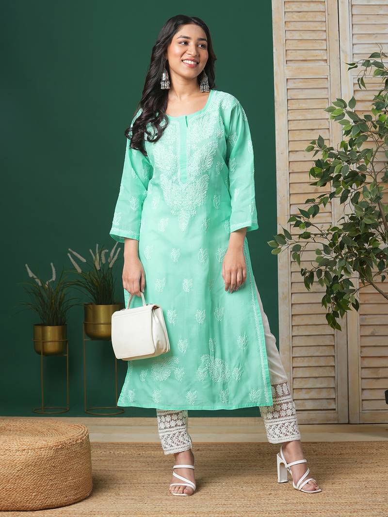 Ada Hand Embroidered Sea Green Cotton Lucknow Chikankari Women Kurta - A133580
