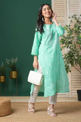 Ada Hand Embroidered Sea Green Cotton Lucknow Chikankari Women Kurta - A133580