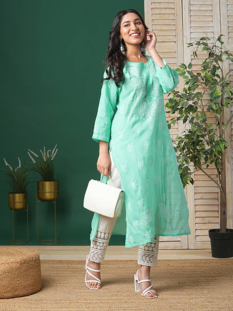 Ada Hand Embroidered Sea Green Cotton Lucknow Chikankari Women Kurta - A133580