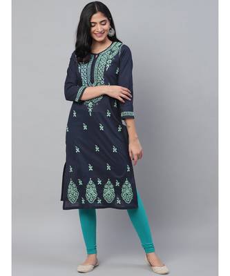 Hand Embroidered Navy Blue Cotton Lucknowi Chikan Women Kurta 1
