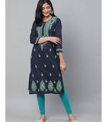 Hand Embroidered Navy Blue Cotton Lucknowi Chikan Women Kurta
