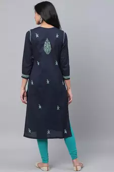 Hand Embroidered Navy Blue Cotton Lucknowi Chikan Women Kurta