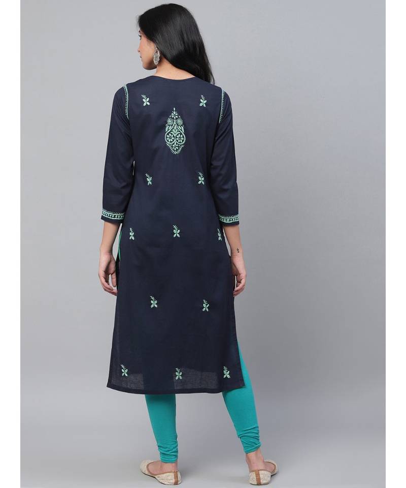 Hand Embroidered Navy Blue Cotton Lucknowi Chikan Women Kurta