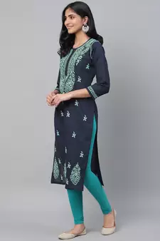 Hand Embroidered Navy Blue Cotton Lucknowi Chikan Women Kurta