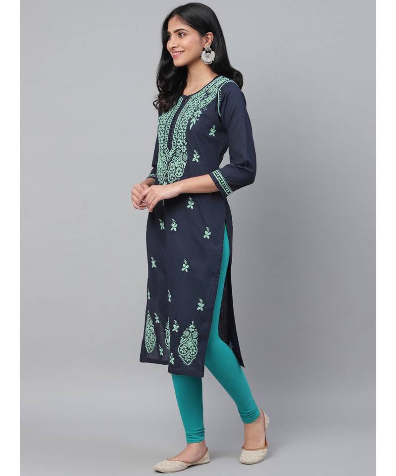 Hand Embroidered Navy Blue Cotton Lucknowi Chikan Women Kurta