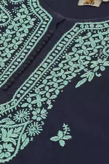 Hand Embroidered Navy Blue Cotton Lucknowi Chikan Women Kurta