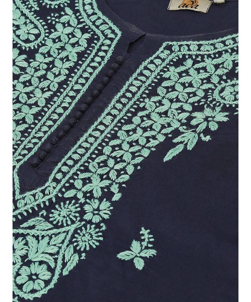 Hand Embroidered Navy Blue Cotton Lucknowi Chikan Women Kurta